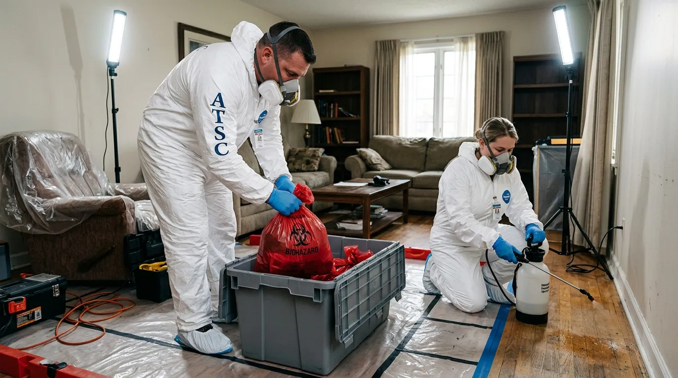 Professional Hoarding Cleanup technician in full PPE working in Arnold